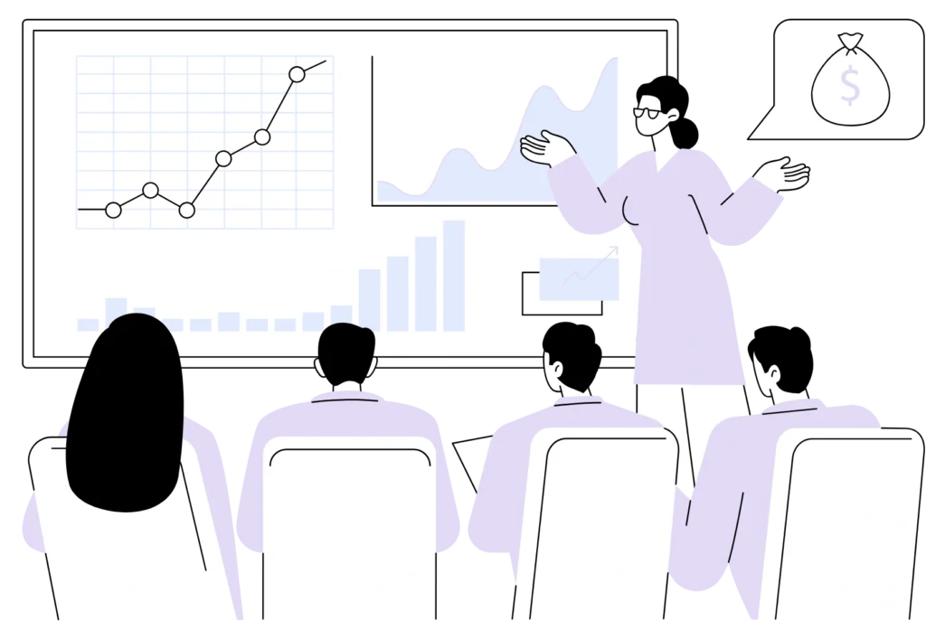 Vector illustration of a team listening to a woman presenting, symbolizing innovation and teamwork in web design.